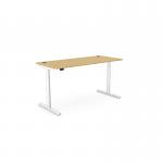 A sleek and modern office setup featuring adjustable and versatile desks. The roundE height adjustable desk has a rectangular bamboo top and a white frame, with dimensions of 1600 x 700mm. Perfect for promoting a healthier and more ergonomic work environment.