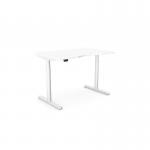 This picture shows a sleek and modern office setup with Sit Stand and Height Adjustable Desks. The round double-purpose scalloped desk has a white frame and measures 1200 x 800mm. Perfect for a versatile and ergonomic work environment.