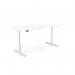 In the picture, you can see a sleek white round desk with a scallop design. It has a double purpose as a sit-stand and height adjustable desk, making it versatile for any office space. The desk measures 1800 x 800mm and has a white frame, giving it a clean and modern look.