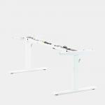 The picture shows a round single 2-stage electric adjustable desk frame in white. It features a hand-held device for easy up-down controls and has a height range of 650-1150mm. Perfect for editing, this sit-stand desk offers versatile options for a more ergonomic workspace.