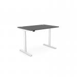 In the photo, the Edit Office Sit Stand and Height Adjustable Desks are sleek and modern, with a round white top and graphite white frame. The top features aluminum portals, and the desk measures 1200 x 800mm. The design allows for both sitting and standing options.
