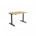 A modern and flexible workspace with a round height adjustable desk featuring aluminum portals for cables. The desk is 1400 x 800mm and is made with a stylish beech top and black frame.