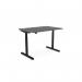 The picture shows a round sit stand desk with a height adjustable top and round aluminum portals. The desk has a graphite black frame and measures 1400 x 800mm.