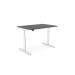 In the photo, we see a modern office setup with a round, height-adjustable desk featuring aluminum portals. The desk has a graphite white frame and a large top measuring 1400 x 800mm. The clean and sleek design is suitable for any office space.