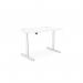 The picture shows a sleek, modern office space with round shaped sit stand and height adjustable desks. The desk top is 1400 x 800mm in size and has aluminum portals, while the frame is white. The overall color scheme is white and the design is simple yet functional.