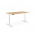 In the photograph, there are several modern office desks in a round shape. They are made of white beech wood and have adjustable heights. Each desk has an aluminum portal on top. The dimensions are 1600 x 800mm. The overall look is sleek and functional, making it a great addition to any office space.