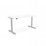 The photograph shows a modern office space with round-shaped sit-stand and height-adjustable desks. Each desk has an aluminum portal and measures 1600 x 800mm. The frame is white with a silver finish. The desks provide a sleek and functional workspace.