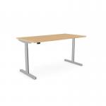 The photo shows a sleek, modern office space with sit-stand desks that have height adjustable capabilities. The desk top is a round shape with a beech finish and features aluminum portals. The frame is silver in color, giving the desk a clean and professional look. This spacious desk is 1800 x 800mm, providing ample room for work.