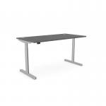 This image showcases a modern and versatile office setup with round height adjustable desks. The desks feature sleek graphite silver frames and 1800 x 800mm tops with aluminum portals for a clean and functional look. Perfect for any workspace.