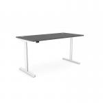 The photo features an office with sleek and modern Sit Stand and Height Adjustable desks. The round-shaped desk has a graphite white frame and aluminum portals, with a size of 1800 x 800mm. A stylish and functional addition to any workspace.