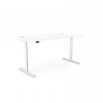 This picture features a sleek and modern office with round sit stand and height adjustable desks. The desks have a white frame and top with aluminum portals and measure 1800 x 800mm. The clean and minimalist design is perfect for any office setting.