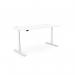 This picture features a sleek and modern office with round sit stand and height adjustable desks. The desks have a white frame and top with aluminum portals and measure 1800 x 800mm. The clean and minimalist design is perfect for any office setting.