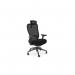 The picture shows a modern and stylish black mesh back office chair. It has adjustable arms and a black frame, with a comfortable black fabric seat. This chair is perfect for a professional and ergonomic workspace.