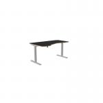 The photo captures a sleek and modern office set up with edit office sit stand and height adjustable desks. The spacious 1600 x 800 desk features a striking blue top and is supported by white adjustable legs. Its ergonomic design promotes a comfortable and versatile workspace, perfect for any left handed individual. The addition of the Kay Top Height Adjustable Zoom provides extra functionality and style to the desk.