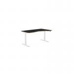 The image features a sleek and modern office setup with a sit-stand desk that has a height adjustable feature. The desk has a grey frame and a black top, with a size of 1600 x 800. The setup also includes a right-handed corner desk with a black top and silver legs. The overall look is professional and efficient.