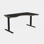 This photo shows a sleek, modern office setup with a curvy height adjustable desk featuring black legs and a black top. The desk also has a sit-stand function and measures 1600 x 800. It is specifically designed for right-handed individuals.