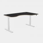 In the photo, there is a modern and functional office space featuring a sleek black desk with curved edges and adjustable height options. The legs are a crisp white color, adding a touch of contrast. The width of the desk is 1600 mm and the depth is 800 mm, making it spacious for work. The desk is designed for right-handed use and has a Zoom function for better visibility.
