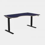 In the picture, there is a desk with a curved top in blue color. The desk has black legs and is equipped with a sit-stand and height adjustable feature. It has dimensions of 1600 x 800 and is designed for right-handed use.