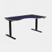 In the picture, there is a desk with a curved top in blue color. The desk has black legs and is equipped with a sit-stand and height adjustable feature. It has dimensions of 1600 x 800 and is designed for right-handed use.