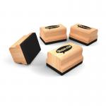 This photo is an overhead shot of a pack of 30 Eastpoint Drywipe Accessories Show-me Mini Wooden Handled Felt Whiteboard Erasers. The erasers are neatly arranged in rows on a clean white surface, with their smooth wooden handles and soft felt bottoms visible. The sturdy packaging and vibrant logo are also visible in the photo, indicating a high-quality product.