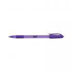 The photograph shows a pack of 40 Eastpoint Ballpoint Pens, each with a swash triangular design and a rubber grip for comfortable writing. The pens are a vibrant purple color, and the pack also includes 3 free green pens.