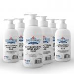 In this image, there are six bright blue bottles of Eastpoint Healthcares Osler & Walsh Antibacterial Hand Soap. Each bottle has a convenient pump, and they are all lined up neatly on a surface. The label features the brand name and product information in bold letters.