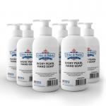 The photo shows a pack of six 500ml bottles of Eastpoint Healthcare Hand Wash Osler & Walsh Ivory Pearl Hand Soap. The labels indicate that it is made in the UK and is antibacterial and skin-friendly. The bottles are a pearly white color and feature a simple and clean design.