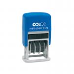 The photo shows a COLOP S120 self-inking mini dater with the brand name COLOP prominently displayed. The ink stamps are in the shape of rectangular blocks, with a small handle for easy use. The dater is in black and red ink, with visible markings for the date and other details.