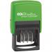 The COLOP Ink Stamps COLOP S220 Green Line Date Stamp has a sleek design with a date indicator and company logo. The body is made of sturdy plastic with a striking green color, while the stamp itself is clear and precise. On the side, there is a push button for easy inking and self-inking mechanism.