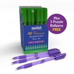 The picture shows a pack of 40 Eastpoint Ballpoint Pens Swäsh Premium Triangular Ballpens in green color. Each pen features a rubber grip for comfortable writing. The triangular shape of the pen allows for easy grip and control. The pack is neatly organized and ready for use.