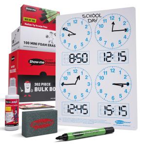 Show Me A4 4 Panel Clock Face Mini Whiteboards Bulk Box 100 Sets