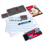 The photograph captures a set of Eastpoint Lapboards Show-me Pack 10 Handwriting Drywipe Boards, complete with multi-colored pens and erasers. The boards are lightweight and feature handy guidelines for perfect writing practice.
