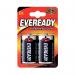 The photograph shows two Eveready D batteries, a standard size for many household devices. The packaging reads Eveready Super Heavy Duty and Size D Batteries in bold red text. The batteries are arranged side by side in the packaging, with a red and silver design on the ends.