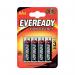 The image shows a pack of four Eveready AA batteries, each with a recognizable red and black design on the label. The batteries are labeled as Super Heavy Duty and have a lifespan of up to seven years. The packaging also includes the brand name and logo, as well as the battery size and description.
