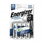Four Energizer AA lithium batteries, packaged in a striking silver and red design. The batteries are labeled with the Energizer logo and feature the Ultimate AA designation. They appear sleek and powerful, ready to power your devices with long-lasting energy.