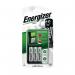This image features a pack of Energizer Rechargeable Batteries and Chargers, along with a Maxi Battery Charger and four AA batteries. The batteries have a capacity of 1300 mAh and are designed for use in the UK.