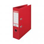 The photograph shows 10 red Esselte No 1 Lever Arch Files, each with a slotted spine and a 75mm capacity, designed for A4 paper. The files have the Esselte logo on the front and a label holder on the spine. The sturdy lever mechanism allows for easy opening and closing.