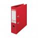 The photograph shows 10 red Esselte No 1 Lever Arch Files, each with a slotted spine and a 75mm capacity, designed for A4 paper. The files have the Esselte logo on the front and a label holder on the spine. The sturdy lever mechanism allows for easy opening and closing.