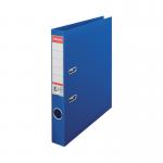 The photograph depicts a group of 10 blue A4 size plastic lever arch files by Esselte, each with a 50mm width, arranged in a neat stack. The files are labeled as No 1 and have the Esselte logo on the spine. The sleek design and strong build of the files can be seen clearly in the image.
