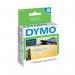 The photo shows a stack of 500 white Dymo 11352 label writer labels, measuring 54mm by 25mm, inside their original packaging. The labels are specifically designed for Dymo Label Writer printers and feature the Dymo logo on each one. The background is neutral and focuses solely on the labels, making them easy to see and identify.