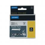 The photo shows a Dymo Industrial Tape, specifically the Rhino Nylon Tape, measuring 19mm by 3.5m. The tape is black on white, and its product name and model number are clearly visible.