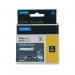 The photo shows a Dymo Industrial Tape, specifically the Rhino Nylon Tape, measuring 19mm by 3.5m. The tape is black on white, and its product name and model number are clearly visible.