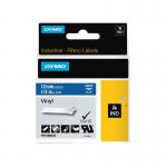 The image features a black and white industrial tape, 12mm in width and 5.5m in length, designed for use with a Dymo Rhino label printer. The tape is labeled with the brands name and product type.