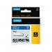 The image features a black and white industrial tape, 12mm in width and 5.5m in length, designed for use with a Dymo Rhino label printer. The tape is labeled with the brands name and product type.