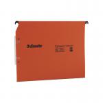 The photo shows a pack of 25 Orgarex Lateral Filing Esselte Orgarex files in bright orange. Each file has a 30mm width and is designed for A4 size documents. The files are neatly organized and labeled, ready to keep important papers in order.