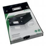 The photo shows a sleek, black Leitz Click and Store DVD storage box, with the Leitz logo displayed on the front. The box has a removable lid, and the interior is designed to hold DVDs securely. The box is part of the Leitz Storage Boxes collection and has a modern, minimalist design.