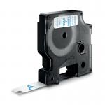 In the image, the Dymo D1 Label Maker is shown with its blue and white label tape, measuring 12mm x 7m. The sleek design of the label maker and its tape cartridge is visible, along with the Dymo logo in the corner. The label maker is turned on, with a clear LCD display showing the current label being printed. The label tape is securely inserted into the machine and ready to create professional-looking labels.