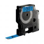 The photo shows a compact Dymo Label Maker with a blue and black D1 LabelMaker Tape measuring 12mm by 7m. The machine has a sleek design and is ready for use.