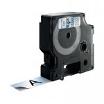 The picture shows a compact Dymo Label Maker with a black and clear label tape. The label maker has the brand logo on top and a full QWERTY keyboard for easy text entry. The tape size is 19mm x 7m and the label is of high quality with legible, crisp black text on a clear background.