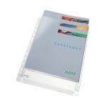 The picture shows 5 clear A4 sized Leitz punched pockets with a heavy duty gusseted top opening, known as the Leitz Expanding Pocket. The design includes the Leitz logo on the front and a reinforced strip along the edge for durability.